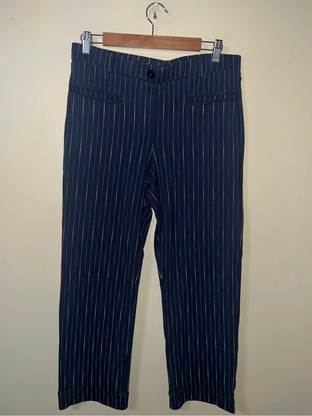 Betabrand Navy and White Pinstripe Dress Pants Large - Picture 1 of 3